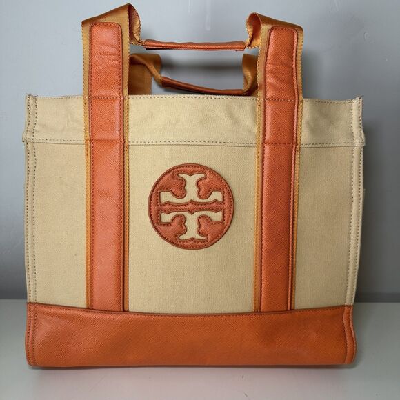 Tory Burch Handbags - TORY BURCH Tote Bag Orange Leather Canvas Top Handle Limited Edition EUC Rare